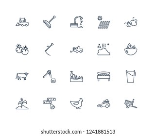 farm Trailer, Tractor, Hen, Cheese, Plant, Capsicum, Manure, Mower, Cow, Scythe, Hose outline vector icons from 20 set