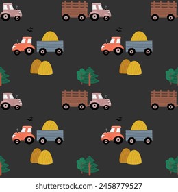 Fondo del paisaje sin fisuras del transporte de la granja con los tractores. Diseño dibujado a mano para estampado, Fondo de pantalla, ropa para niños, moda. Ilustración vectorial