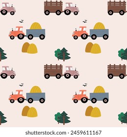 Farm transport seamless pattern Landscape background with tractors. Hand drawn design for print, wallpaper, kids clothes, fashion. Vector illustration