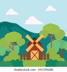 Farm with trees in front of mountain design, Agronomy lifestyle agriculture harvest and farming theme Vector illustration
