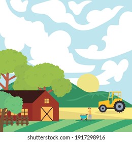 Farm With Trees Tractor And Farmer Design, Agronomy Lifestyle Agriculture Harvest And Farming Theme Vector Illustration