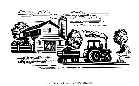 farm with trees and tractor harvesting hay 