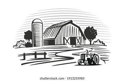 farm with trees and tractor harvesting hay 