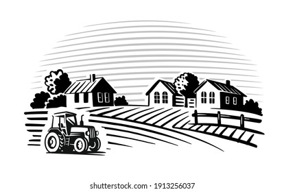 farm with trees and tractor harvesting hay 