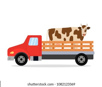 A Farm Truck Carries A Cow. Flat Vector Illustration Isolated On White Background