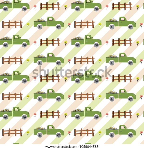 Farm truck with fence and plant. A playful, modern,\
and flexible pattern for brand who has cute and fun style. Repeated\
pattern. Nature mood.