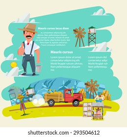 farm truck run across farm scence. farmer guy. Agricultural.  infographic. character design - vector illustration