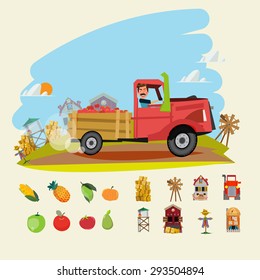 farm truck run across farm scene with set of Agricultural and farm building. fruit and vegetable - vctor illustration