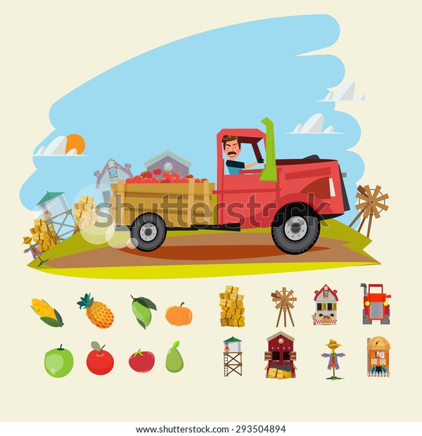 farm
truck run across farm scene with set of Agricultural and farm
building. fruit and vegetable - vctor
illustration
