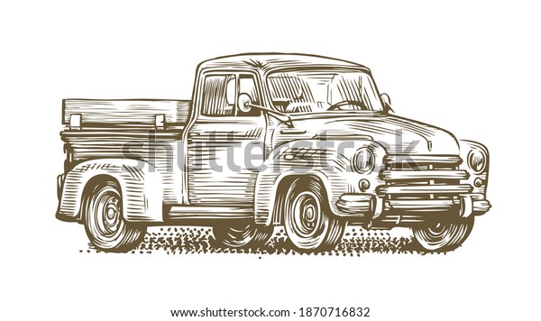 Farm truck sketch. Farming, retro car\
vintage vector\
illustration