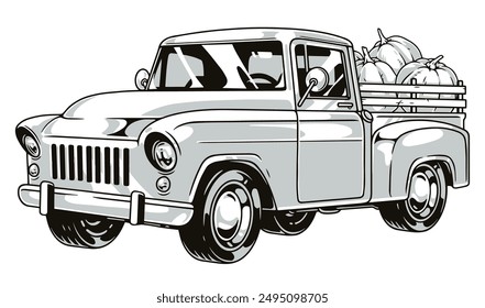 Farm truck vintage label monochrome with pumpkin in back transported from plantation to market or warehouse vector illustration