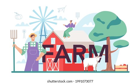 Farm typographic header. Farm worker growing plants and feeding animals. Agriculture and animal husbandry business. Summer countryside landscape. Flat vector illustration