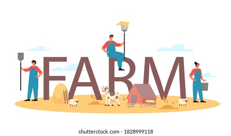 Farm typographic header. Farm worker on the field, watering plants and feeding animals. Summer countryside view, agriculture concept. Living in the village. Isolated flat illustration