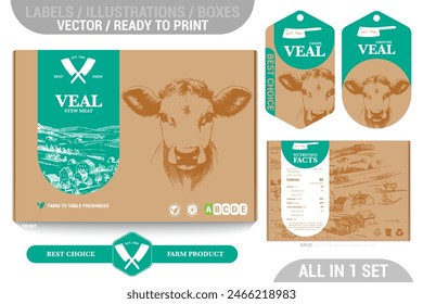 Farm Veal meat packaging design set featuring detailed hand drawn illustrations, accents and informative labels. Perfect for farms, butchers, and supermarkets seeking a high-quality meat 