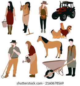 Farm Vector Clipart Set. People, Animals And Tractor