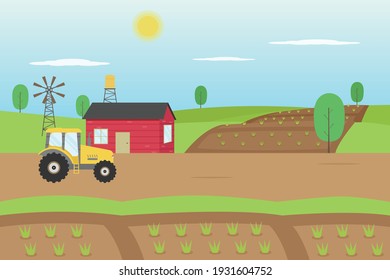 Farm vector concept: Farmland landscape with tractor and farmhouse