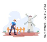 Farm vector concept, Male farmer Hoeing in farm 