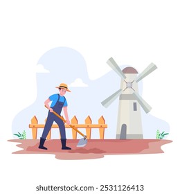 Farm vector concept, Male farmer Hoeing in farm 