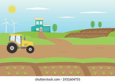 Farm vector concept: Tractor in a farm field with farmhouse background