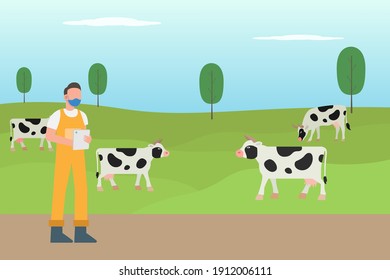 Farm vector concept: Young farmer checking his cows in the meadow while wearing face mask in new normal