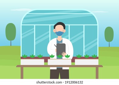 Farm vector concept: Young man analyzing seeds of plantation while wearing face mask in new normal