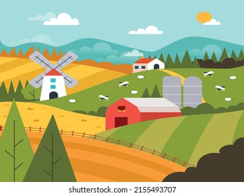 Landwirtschaftsvektor mit Kühen und Tiervegetation