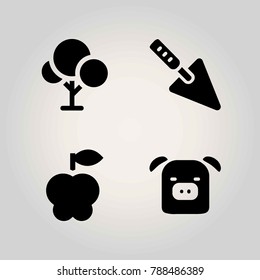 Farm vector icon set. apple, trowel, tree and pig