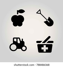 Farm vector icon set. basket, apple, tractor and shopping baket