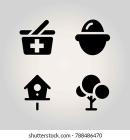 Farm vector icon set. basket, birdhouse, tree and shopping baket