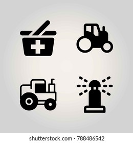 Farm vector icon set. basket, shopping baket, tractor and sprinkle