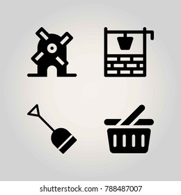 Farm vector icon set. basket, shovel, windmill and well