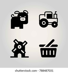 Farm vector icon set. basket, shopping basket, windmill and pig