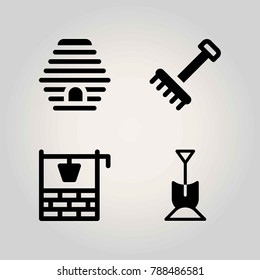 Farm vector icon set. beehive, well, shovel and rake