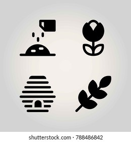 Farm vector icon set. beehive, tulip, wheat and ground