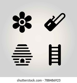 Farm vector icon set. beehive, sunflower, ladder and chainsaw