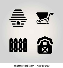 Farm vector icon set. beehive, wheelbarrow, barn and fence
