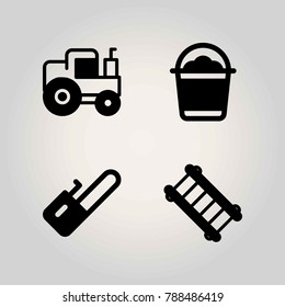 Farm vector icon set. bucket, ladder, tractor and chainsaw