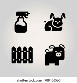 Farm vector icon set. fence, sprayer, pig and rabbit
