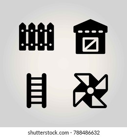 Farm vector icon set. fence, ladder, warehouse and pinwheel