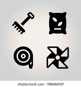 Farm vector icon set. fertilizer, hose, pinwheel and rake