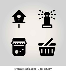 Farm vector icon set. honey, sprinkle, birdhouse and basket