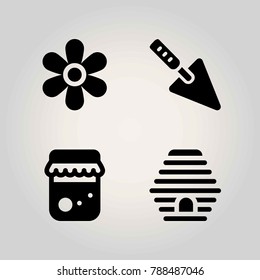 Farm vector icon set. honey, sunflower, trowel and beehive