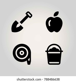 Farm vector icon set. hose, bucket, apple and shovel