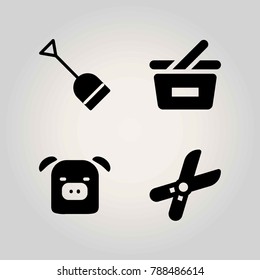 Farm vector icon set. pig, shopping basket, basket and pruning shears
