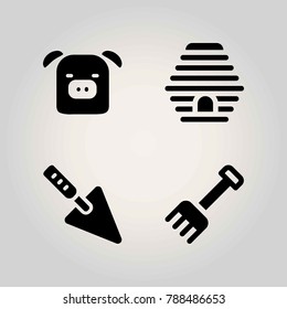 Farm vector icon set. pig, beehive, trowel and rake