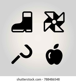 Farm vector icon set. pinwheel, apple, sickle and boot