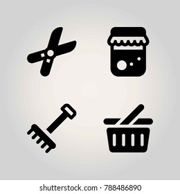 Farm vector icon set. pruning shears, honey, shopping basket and rake