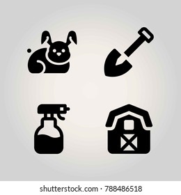 Farm vector icon set. rabbit, barn, shovel and sprayer