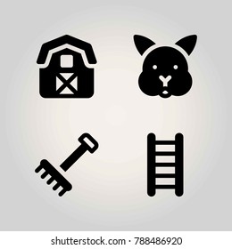 Farm vector icon set. rabbit, rake, ladder and barn