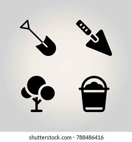 Farm vector icon set. shovel, trowel, tree and bucket